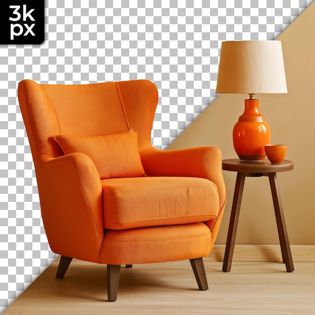 a picture of an orange chair and a lamp with a lamp on the table