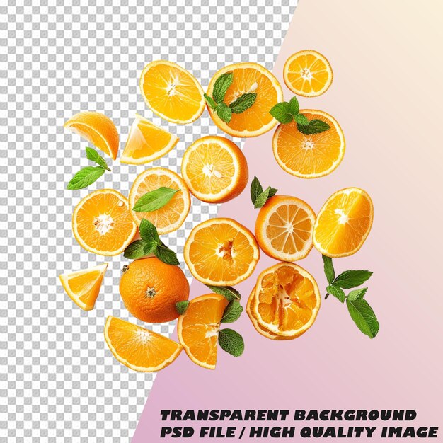 PSD a picture of oranges and green leaves on a transparent background