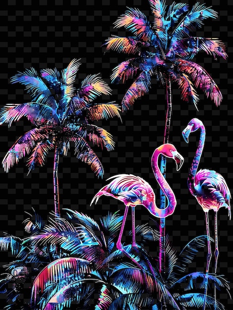 PSD a picture of palm trees with pink flamingos in the middle