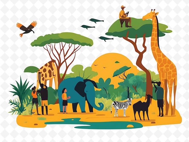 a picture of people and animals with a giraffe and trees