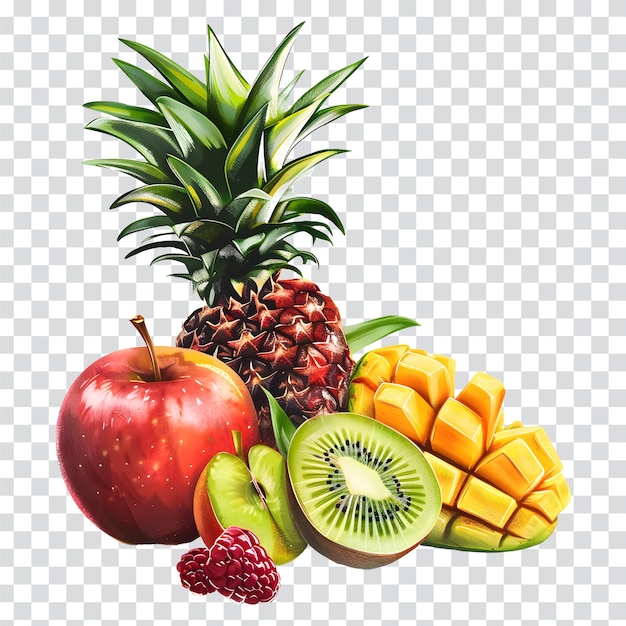 a picture of a pineapple and a pomegranate with a background of fruits