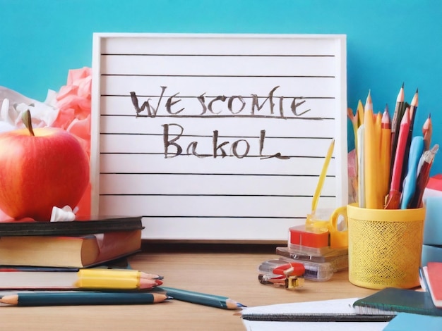 a picture of a school supplies with a chalkboard that says were bake