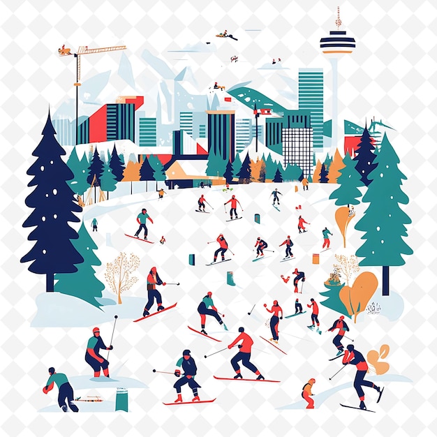 a picture of skiers in the snow with a city in the background