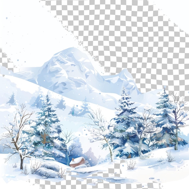 a picture of a snowy landscape with trees and mountains in the background