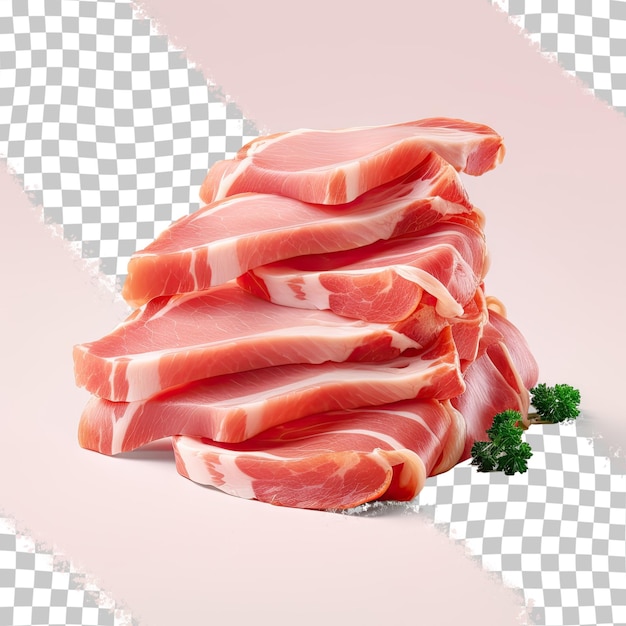 a picture of a stack of sliced meat with the word " on it. "