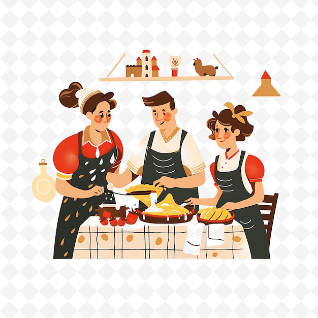 PSD a picture of three people cooking in a kitchen with a table with food