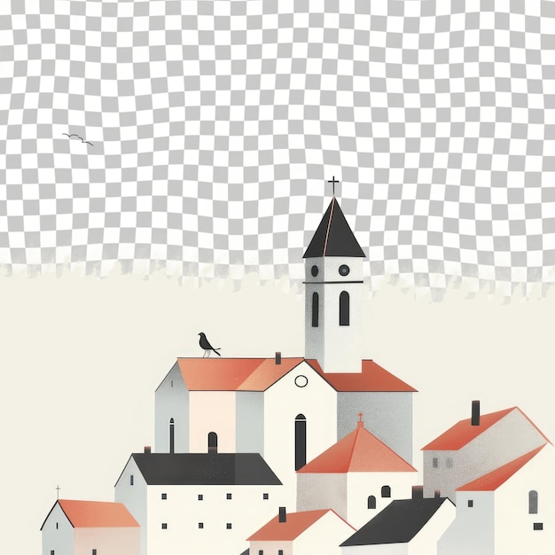 a picture of a town with a bird on the top of it