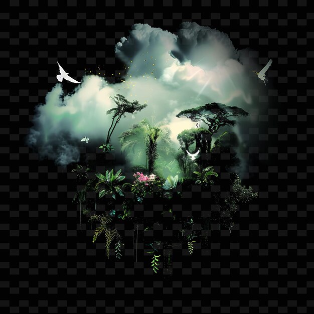 PSD a picture of a tropical forest with a bird flying in the sky