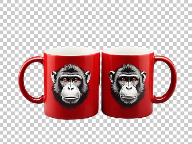 A picture of two hot red mugs printed with Monkey on transparent background