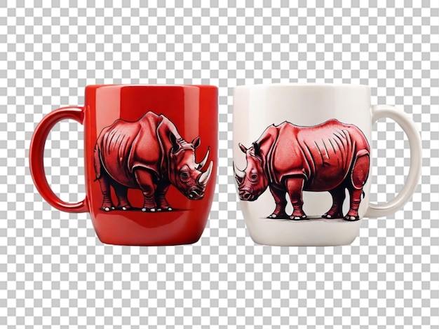 A picture of two hot red mugs printed with Rhinoceros on transparent background