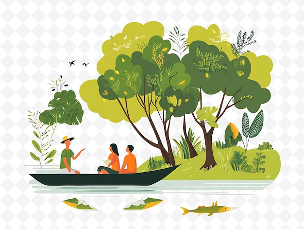 PSD a picture of two people in a boat with trees and a boat with a man in it