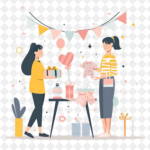 PSD a picture of two women in front of a table with a cake and a box of heart shaped balloons