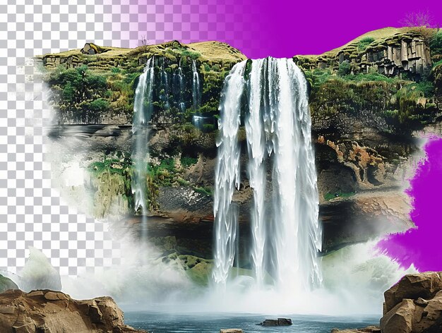 a picture of a waterfall and the background of a mountain with a purple background