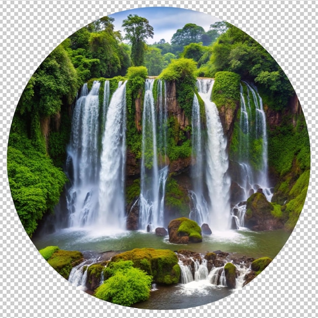 a picture of a waterfall with trees and a picture of a waterfall