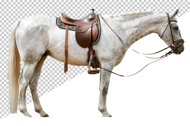 PSD a picture of a white horse with a brown saddle and a saddle