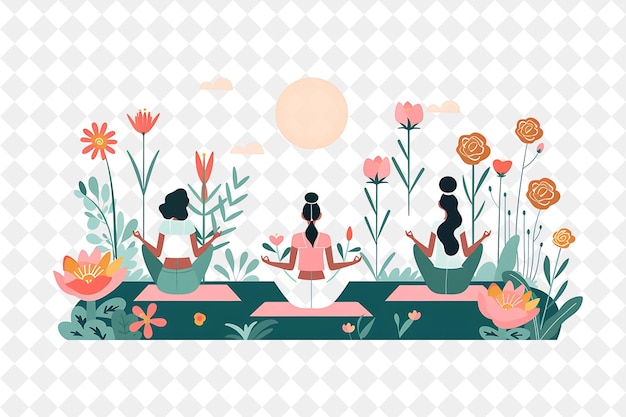 a picture of a woman doing yoga in a garden with flowers and flowers