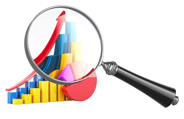 PSD pie charts diagrams bars with growth arrow under magnifying glass data search concept