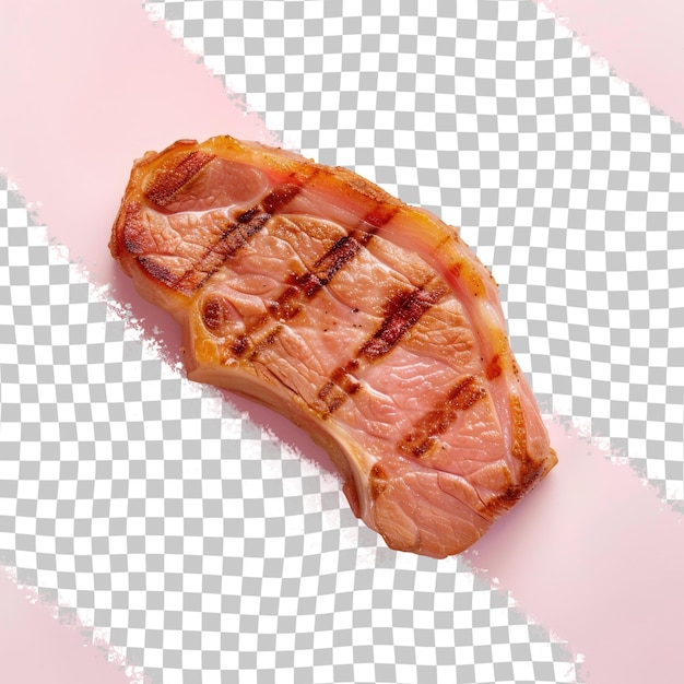 a piece of bacon is on a pink and white checkered paper