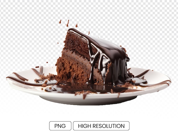 A piece of brownie cake with chunks and melted chocolate on a white plate