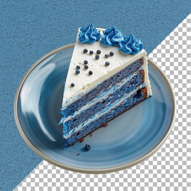 A piece of cake on a plate in the color blue isolated on white background