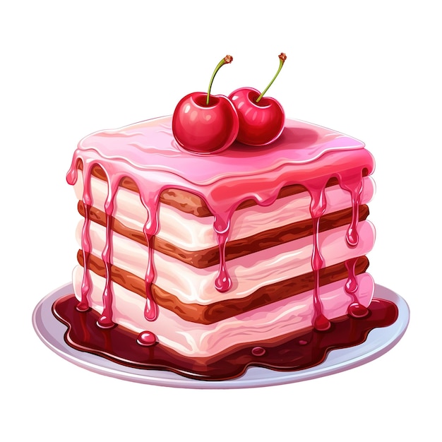 Piece of cake with pink icing and cherries on top AI generated image