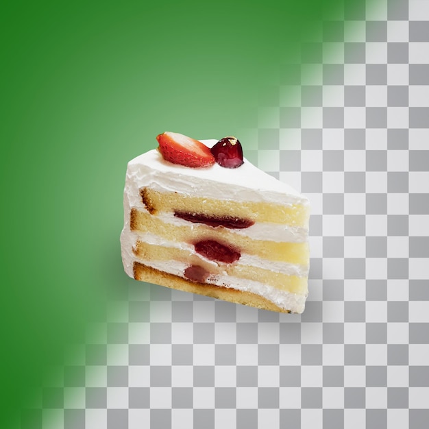 A piece of cake with white icing and strawberries on top.