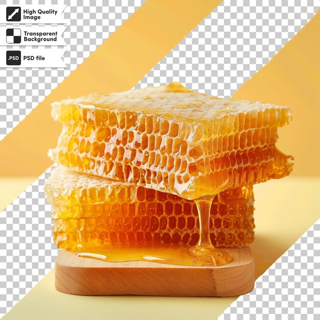 a piece of honeycomb sits on a wooden block