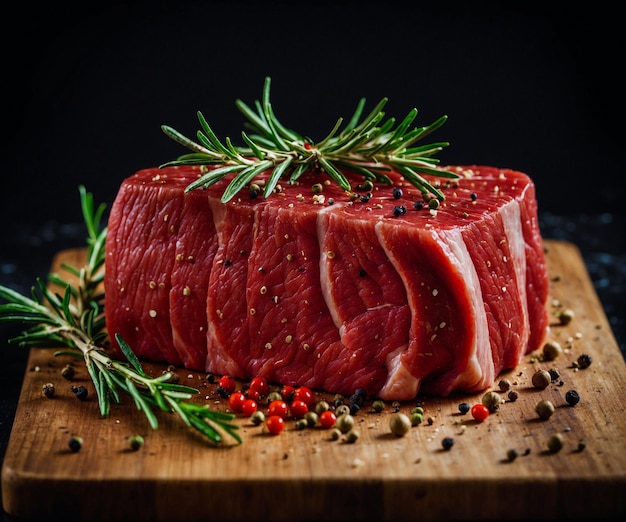 a piece of meat is on a cutting board with spices and seasonings