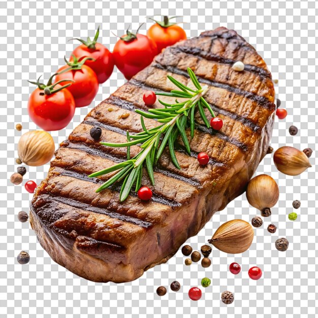 PSD a piece of meat with herbs on top surrounded by tomatoes and peppers on transparent background