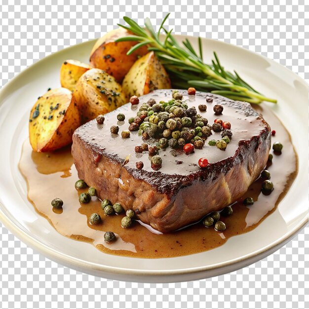 PSD a piece of meat with sauce and peppercorns on transparent background