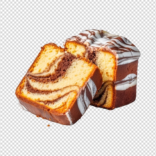 Piece of roll cake with a white icing on transparent white background