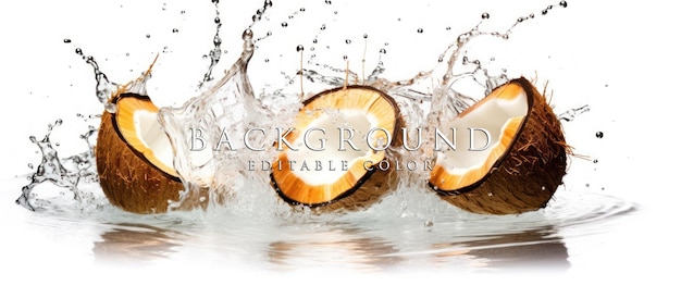 PSD pieces of coconut fruit with water splash isolated white background