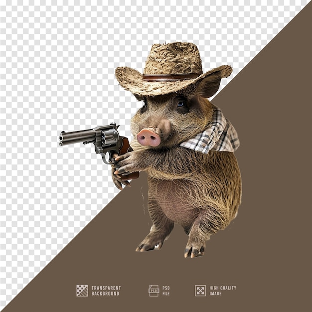 a pig with a gun and a hat on it with a gun in his hand