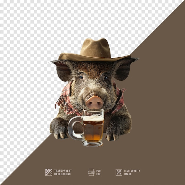 a pig with a hat and glasses and a glass of beer