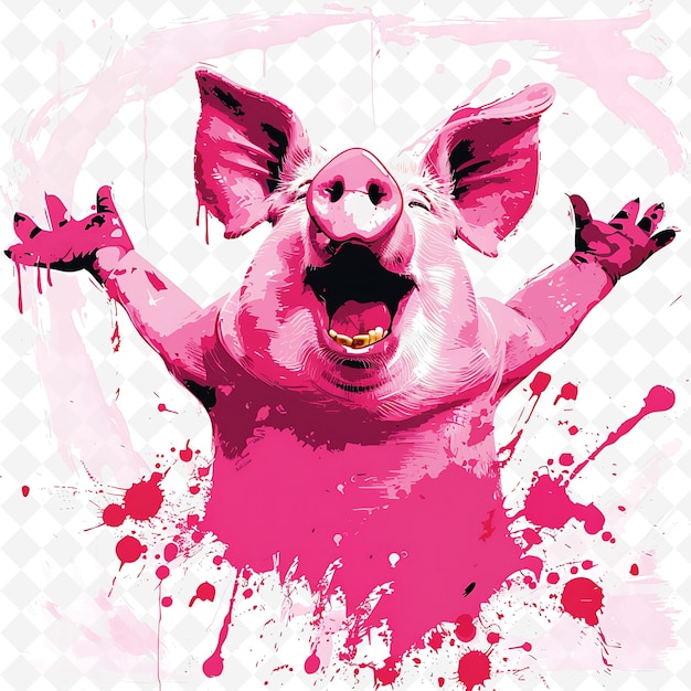 PSD a pig with a pink face and arms raised in front of a pink background