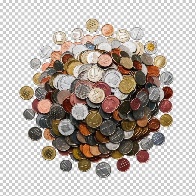 PSD a pile of assorted coins from different currencies scattered isolated