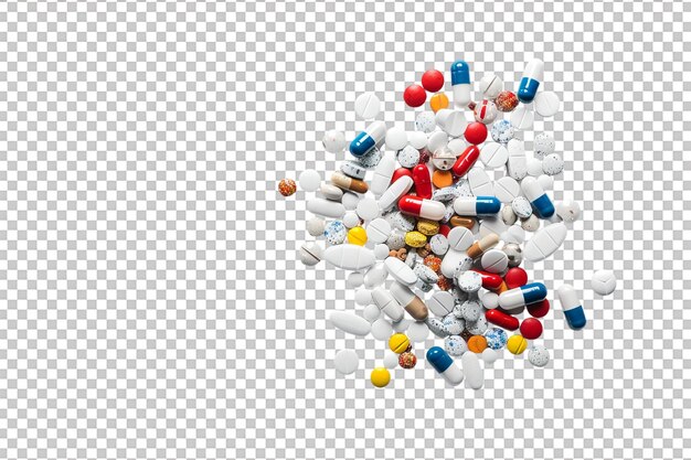 PSD pile of assorted medicine capsules and tablets against transparent background