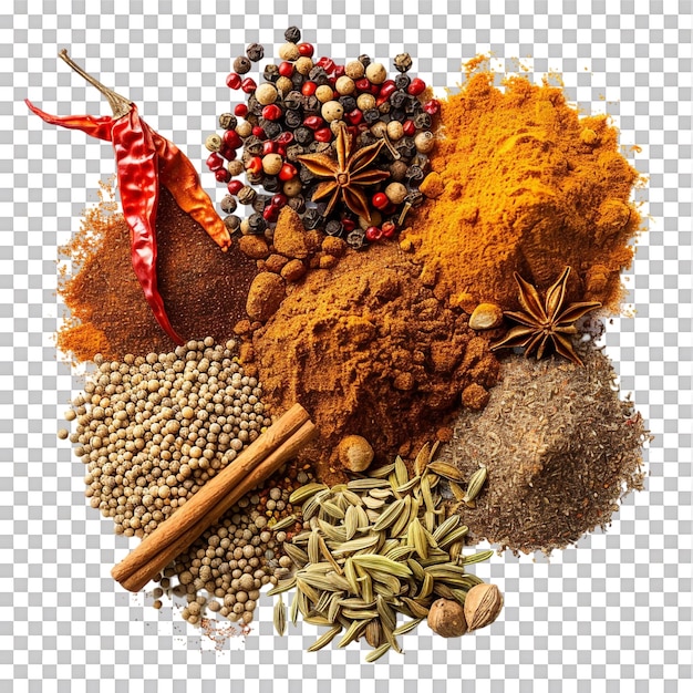 PSD pile of assorted spices isolated from above on transparent