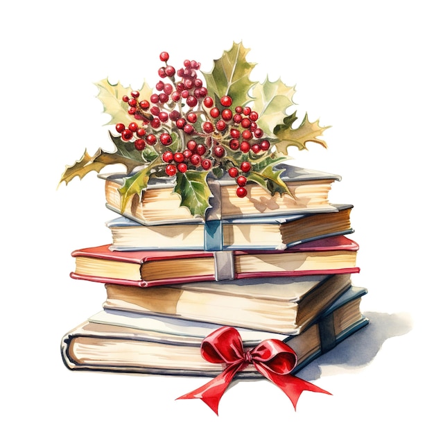 Pile of Books For Christmas Event Watercolor Style AI Generated