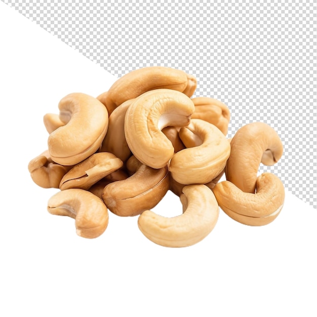 a pile of cashews with a white background with a checkered background