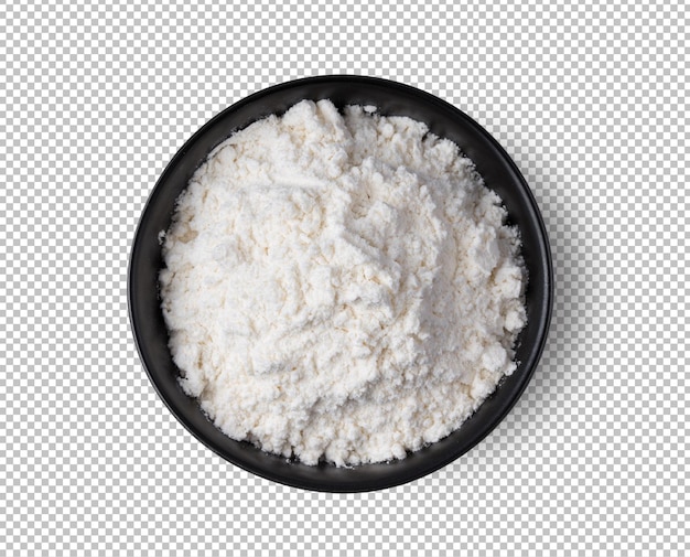 Pile of flour in black bowl isolated on alpha layer