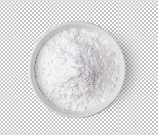 Pile of flour in white bowl isolated on alpha layer