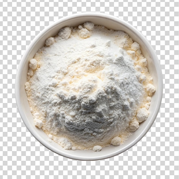 PSD pile of flour in white bowl top view isolated on transparent background