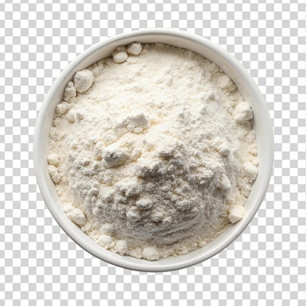 Pile of flour in white bowl top view isolated on transparent background