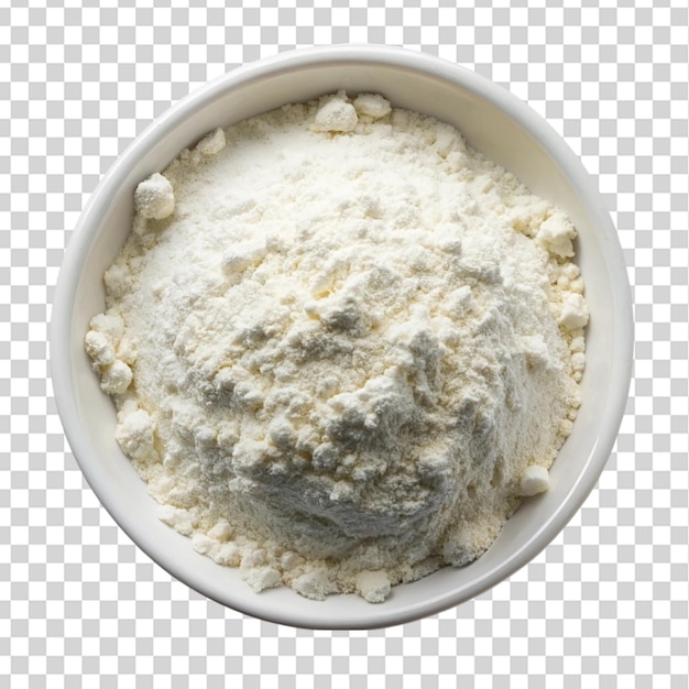 Pile of flour in white bowl top view isolated on transparent background