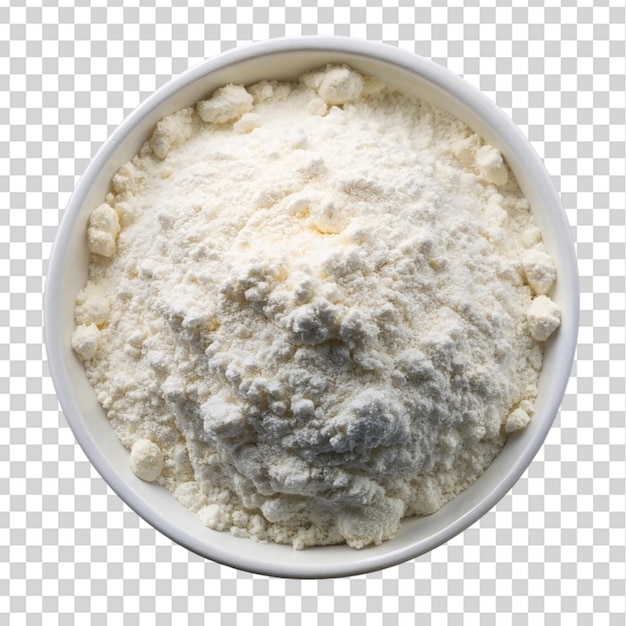 Pile of flour in white bowl top view isolated on transparent background