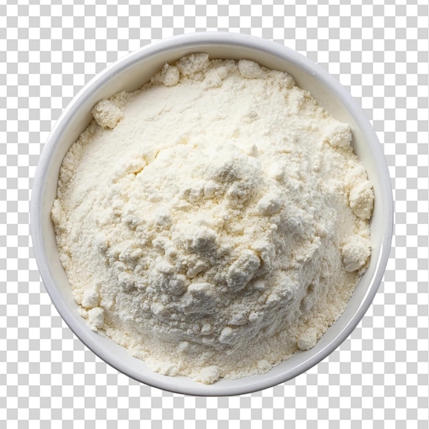 Pile of flour in white bowl top view isolated on transparent background