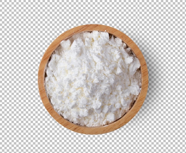 Pile of flour in wood bowl isolated on alpha layer