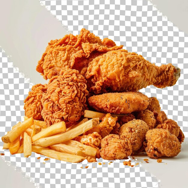 PSD a pile of fried chicken and french fries are on a table