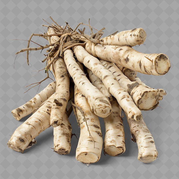 a pile of ginger root sticks with a few leaves on the bottom